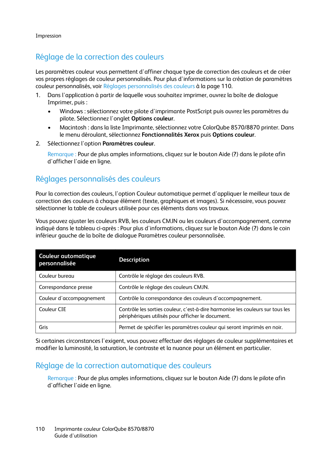 Xerox 8870, 8570 manual Réglage de la correction des couleurs, Réglages personnalisés des couleurs 