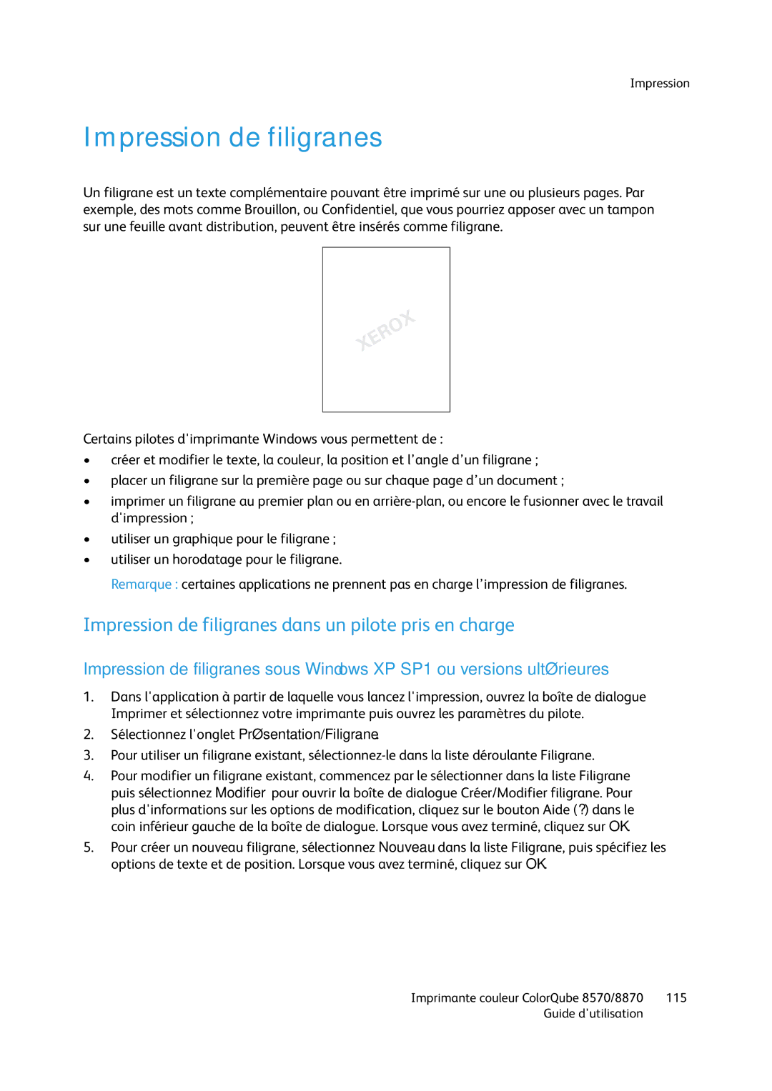 Xerox 8570, 8870 manual Impression de filigranes dans un pilote pris en charge 