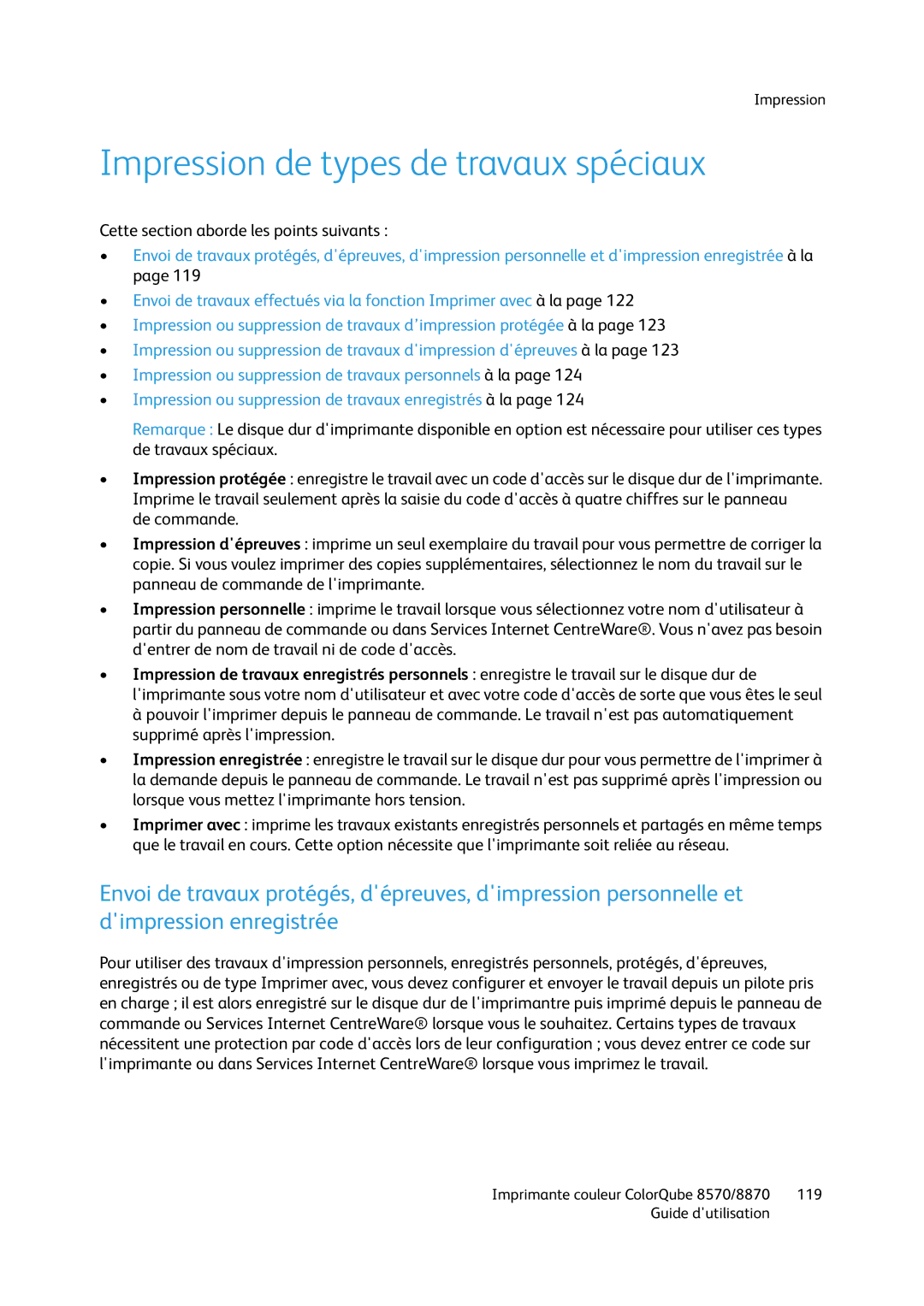 Xerox 8570, 8870 manual Impression de types de travaux spéciaux 