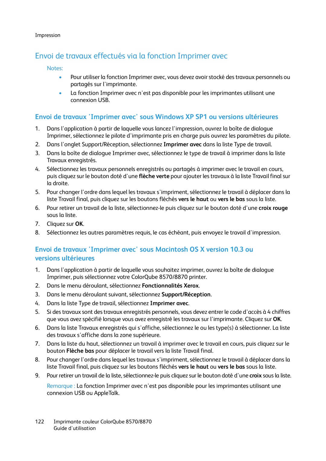 Xerox 8870, 8570 manual Envoi de travaux effectués via la fonction Imprimer avec 