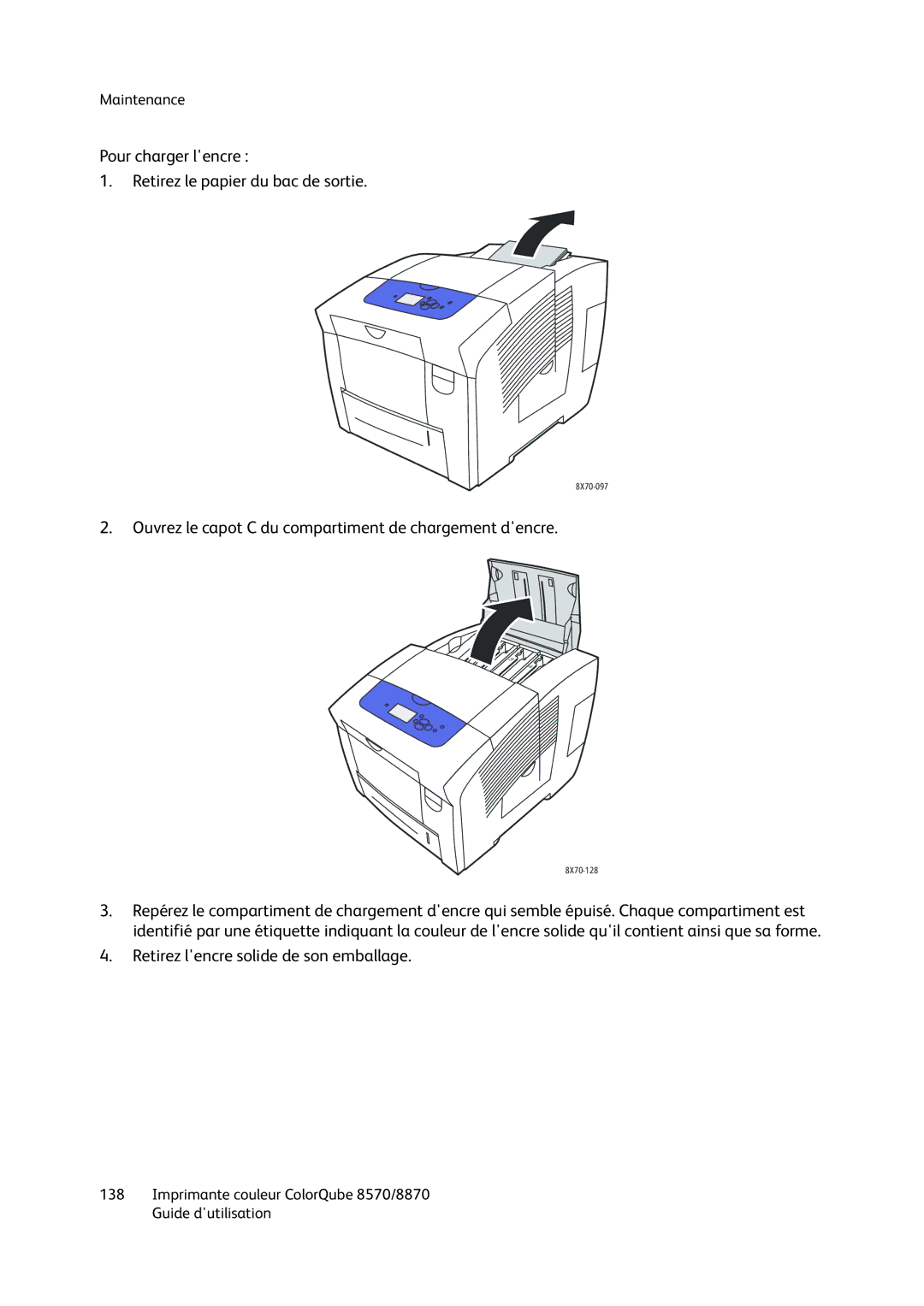 Xerox 8870, 8570 manual Pour charger lencre Retirez le papier du bac de sortie 