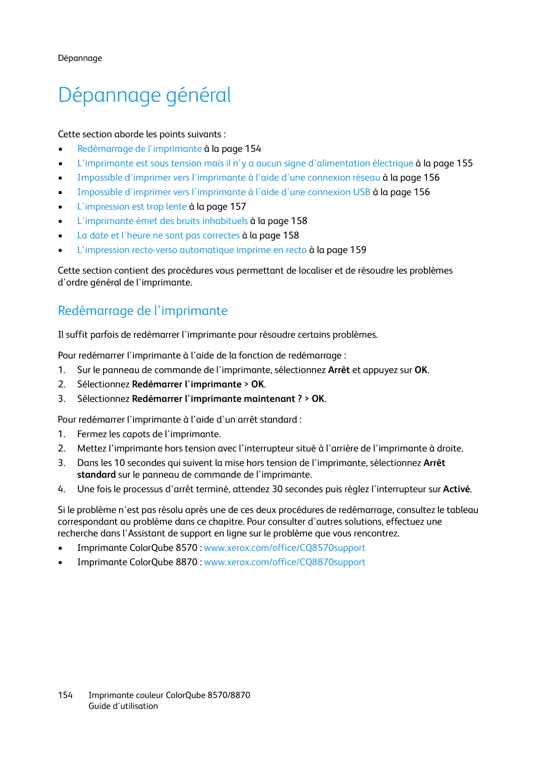 Xerox 8870, 8570 manual Dépannage général, Redémarrage de limprimante 