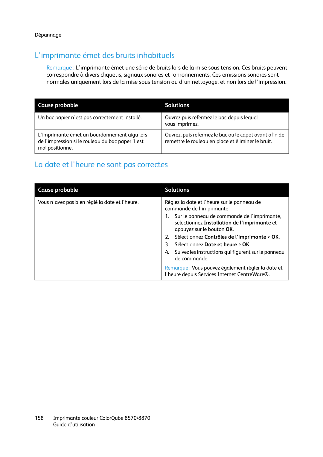 Xerox 8870, 8570 manual Limprimante émet des bruits inhabituels, La date et lheure ne sont pas correctes 