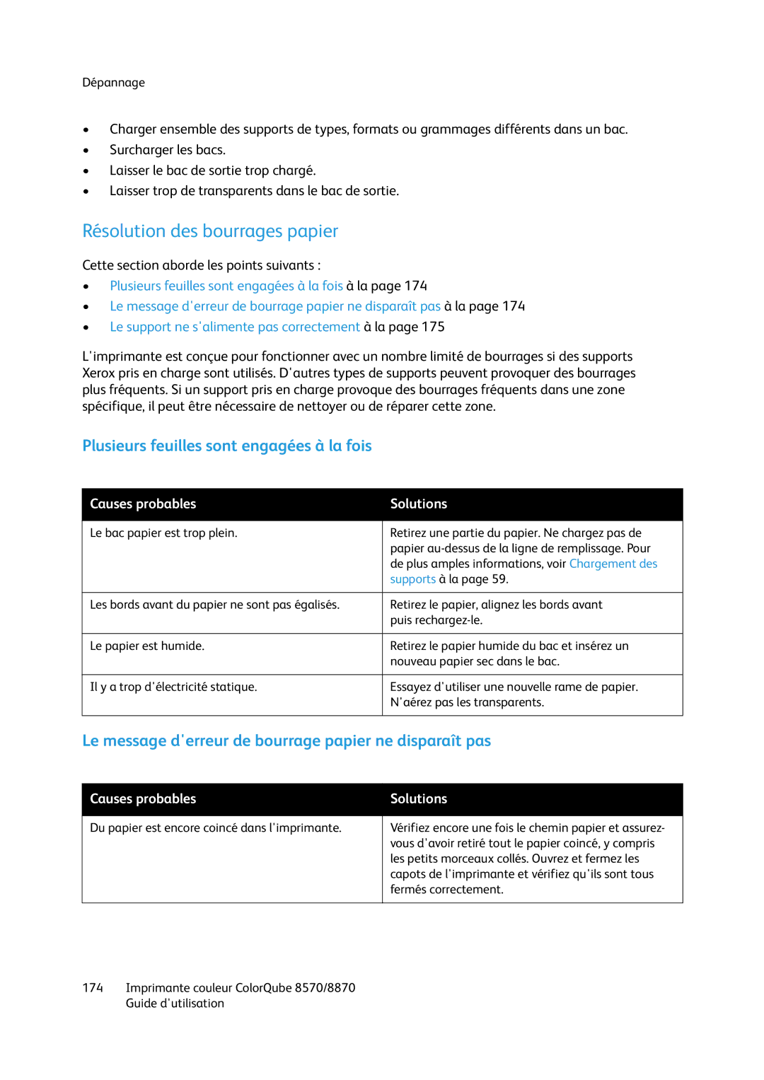 Xerox 8870, 8570 Résolution des bourrages papier, Plusieurs feuilles sont engagées à la fois, Causes probables Solutions 