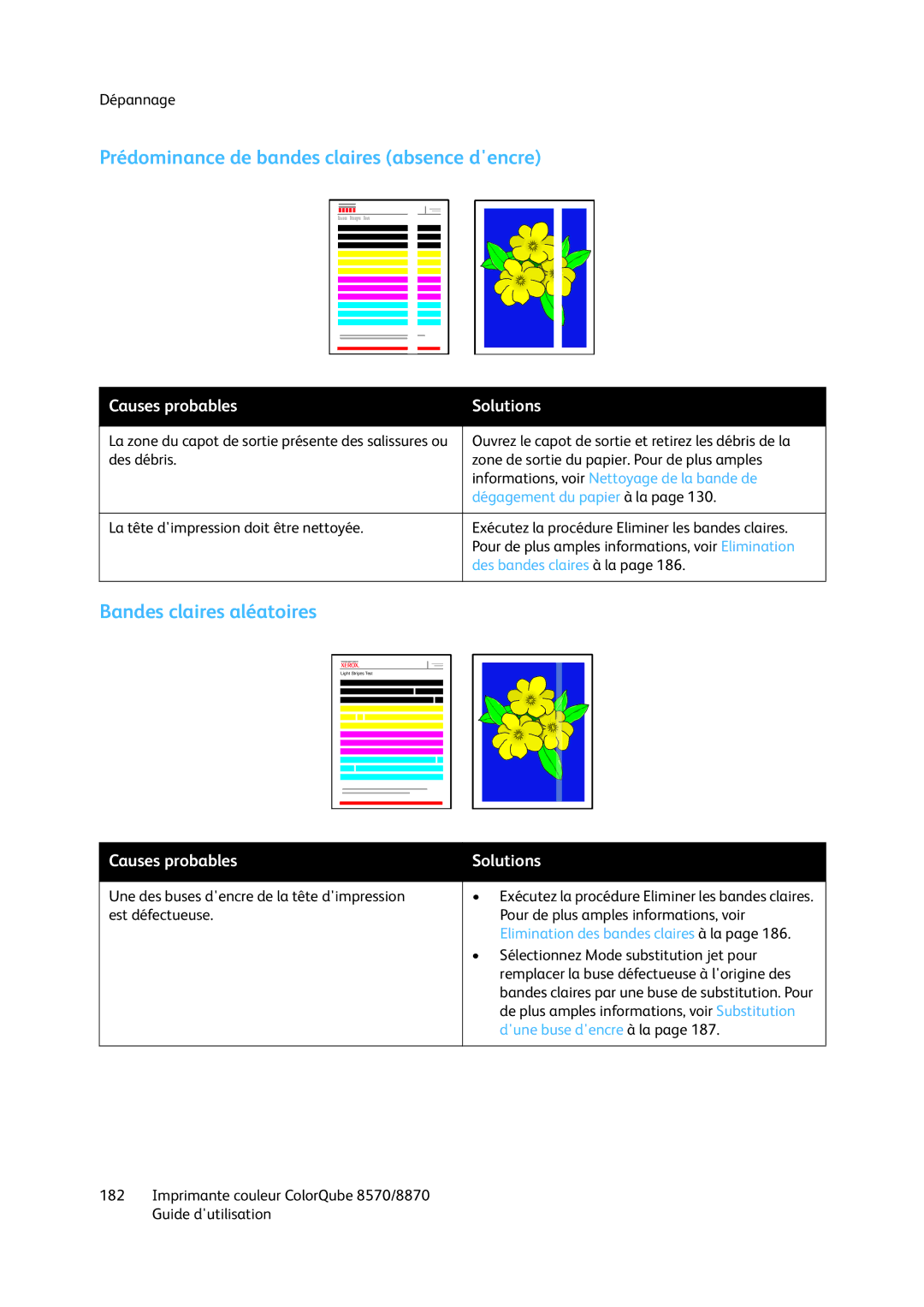 Xerox 8870, 8570 manual Prédominance de bandes claires absence dencre, Bandes claires aléatoires 