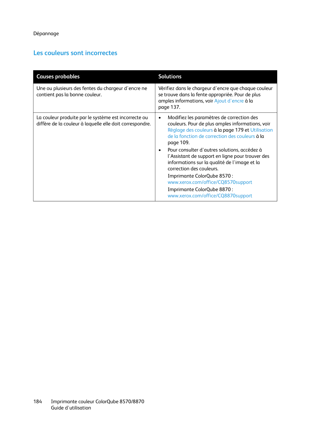 Xerox 8870, 8570 manual Les couleurs sont incorrectes, De la fonction de correction des couleurs à la 