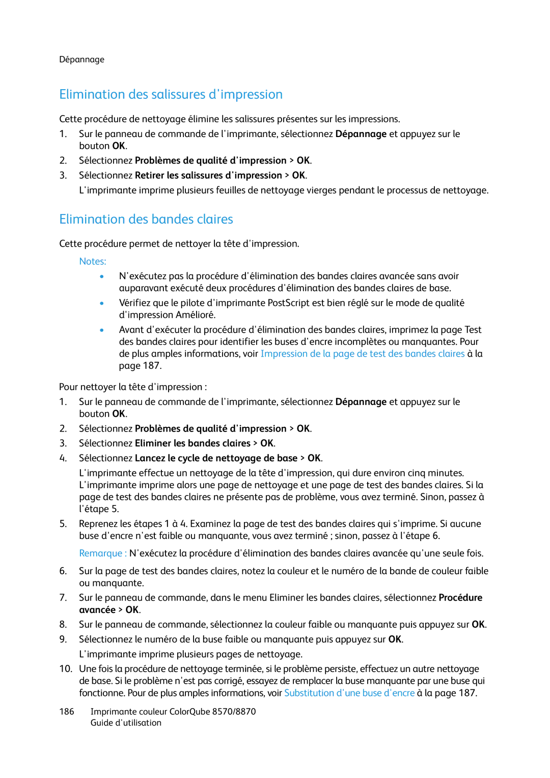 Xerox 8870, 8570 manual Elimination des salissures dimpression, Elimination des bandes claires 