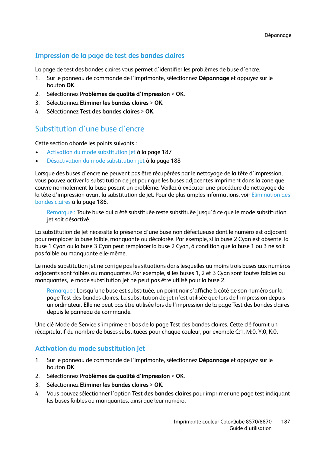 Xerox 8570, 8870 manual Substitution dune buse dencre, Impression de la page de test des bandes claires 