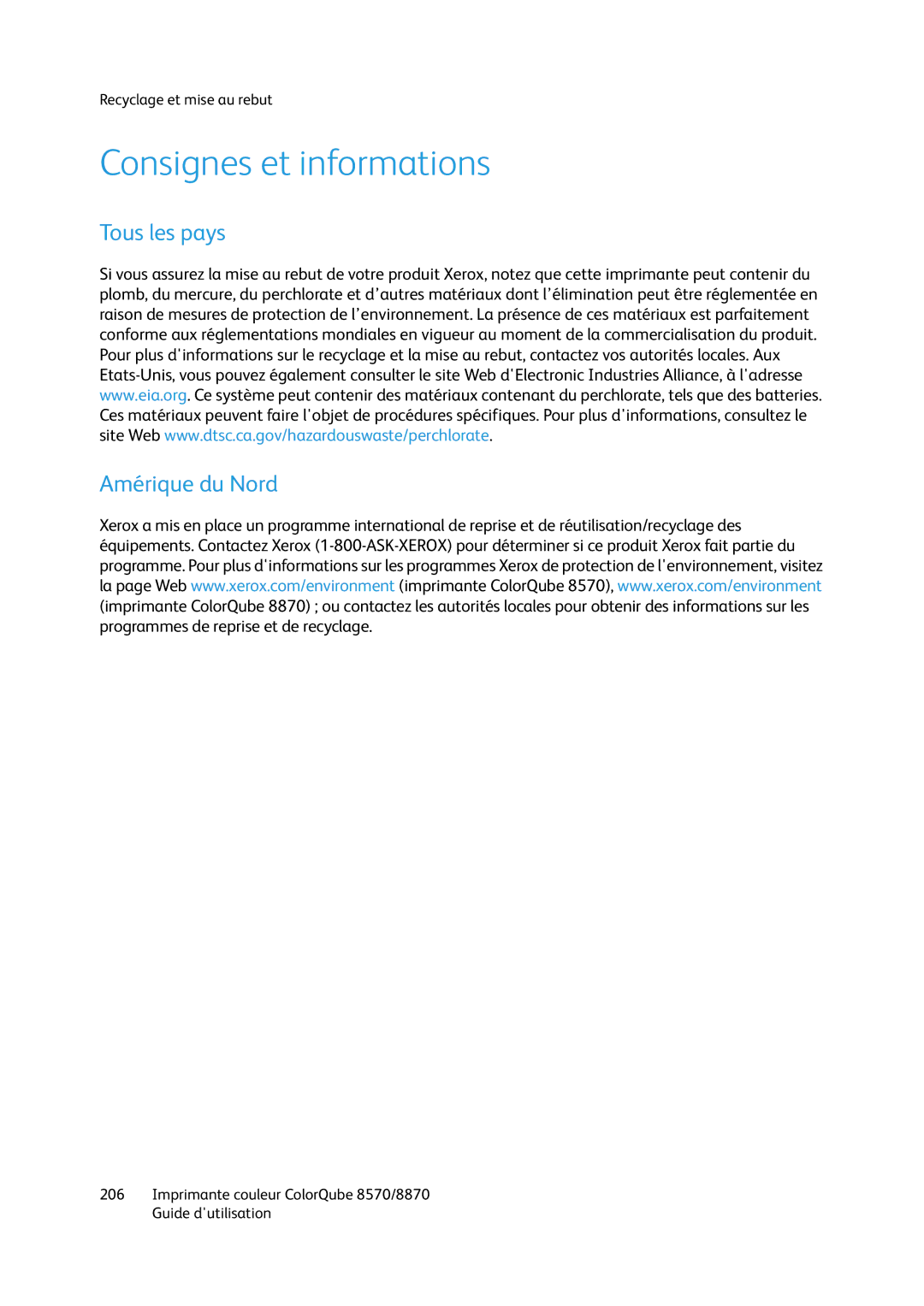 Xerox 8870, 8570 manual Consignes et informations, Tous les pays Amérique du Nord 
