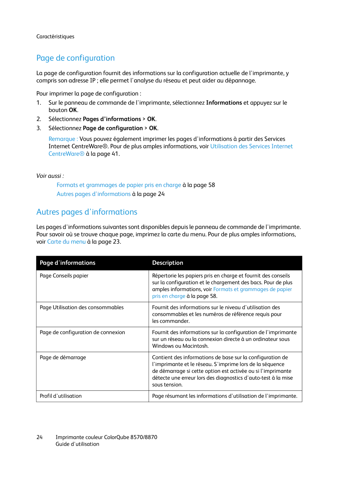 Xerox 8870, 8570 manual De configuration, Autres pages dinformations, Dinformations Description 