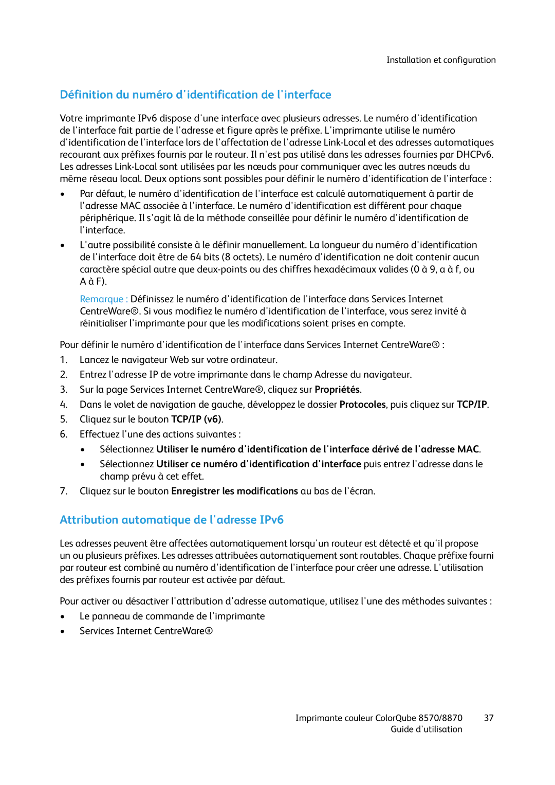 Xerox 8570, 8870 manual Définition du numéro didentification de linterface, Attribution automatique de ladresse IPv6 