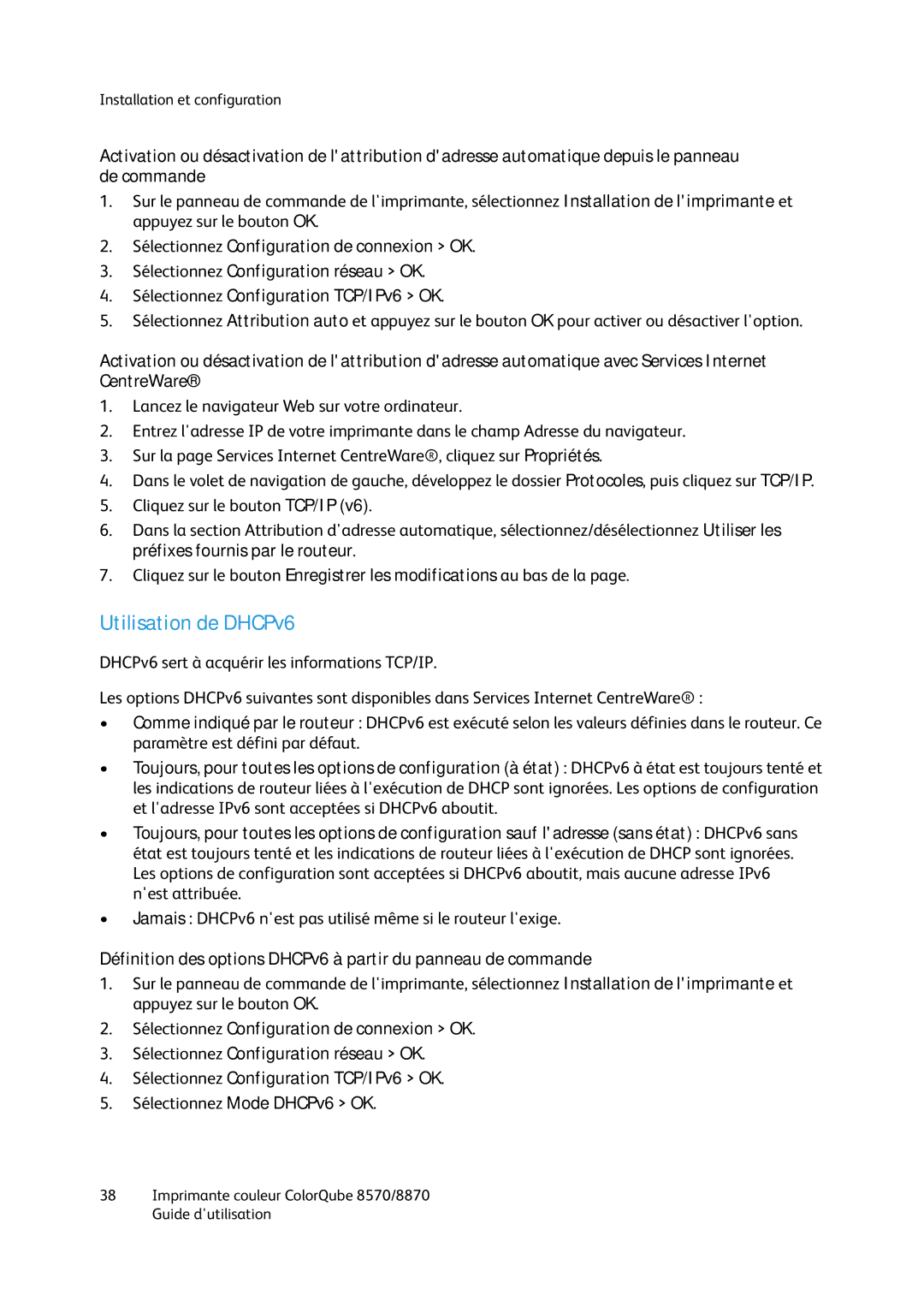 Xerox 8870, 8570 manual Utilisation de DHCPv6 