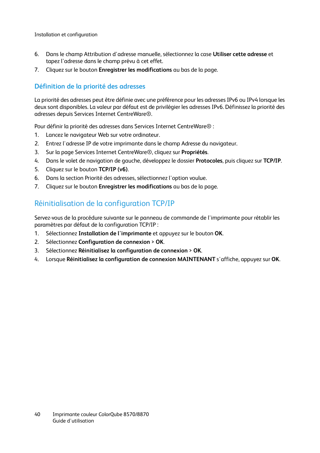 Xerox 8870, 8570 manual Réinitialisation de la configuration TCP/IP, Définition de la priorité des adresses 