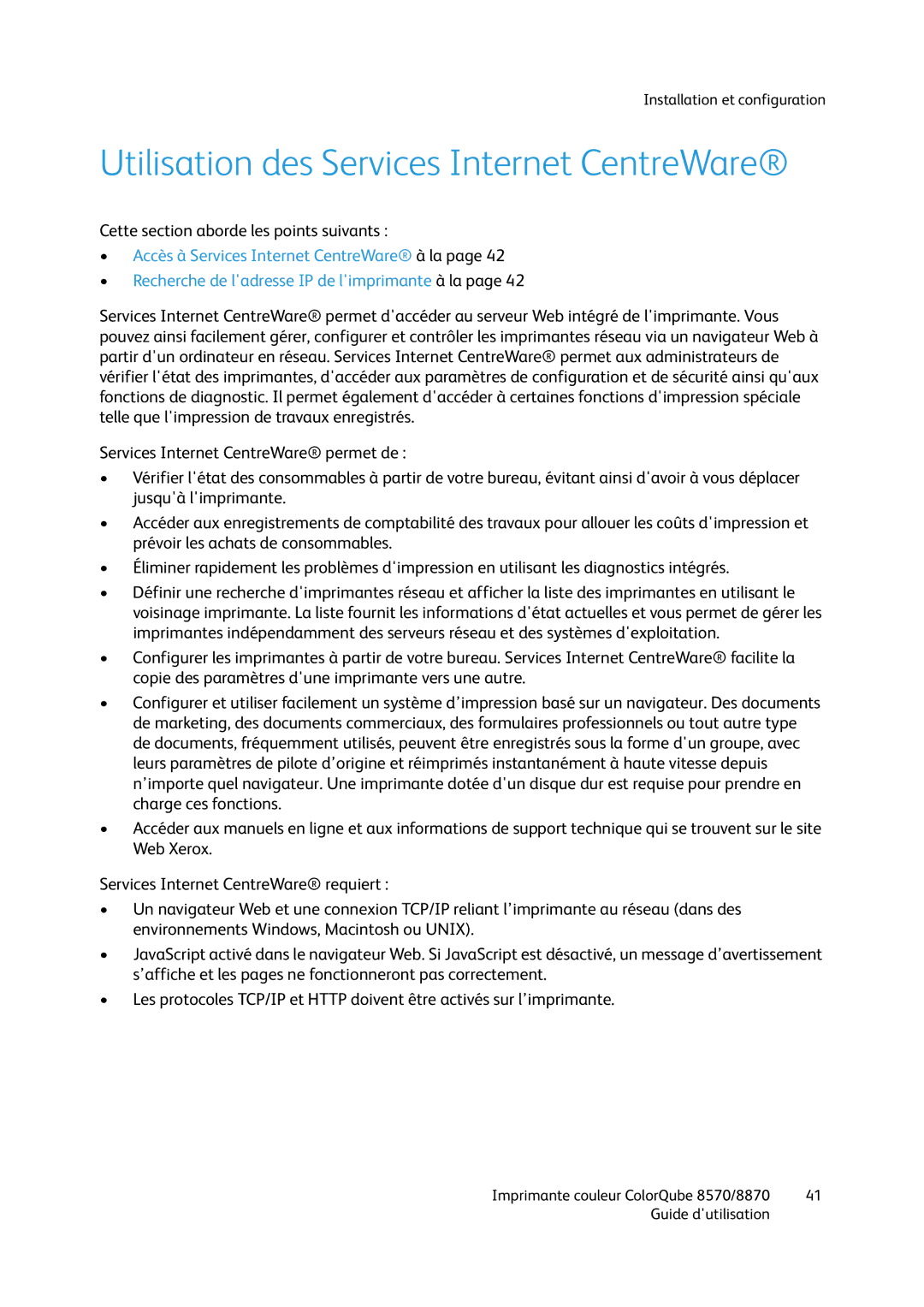 Xerox 8570, 8870 manual Utilisation des Services Internet CentreWare 