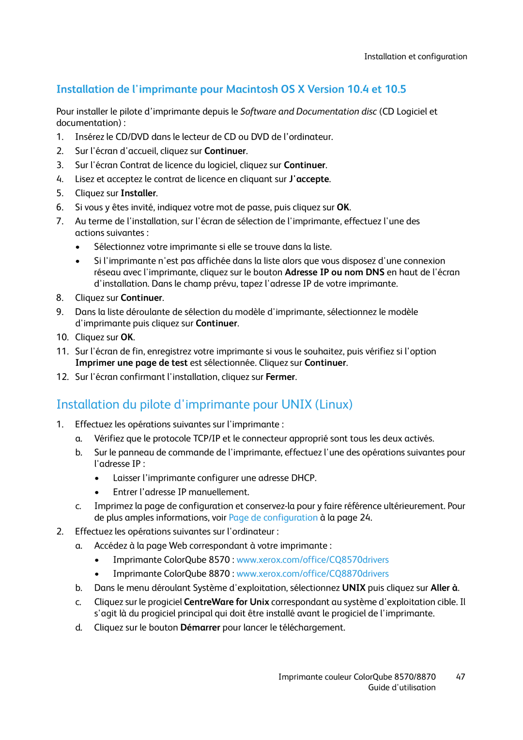 Xerox 8570, 8870 manual Installation du pilote dimprimante pour Unix Linux 