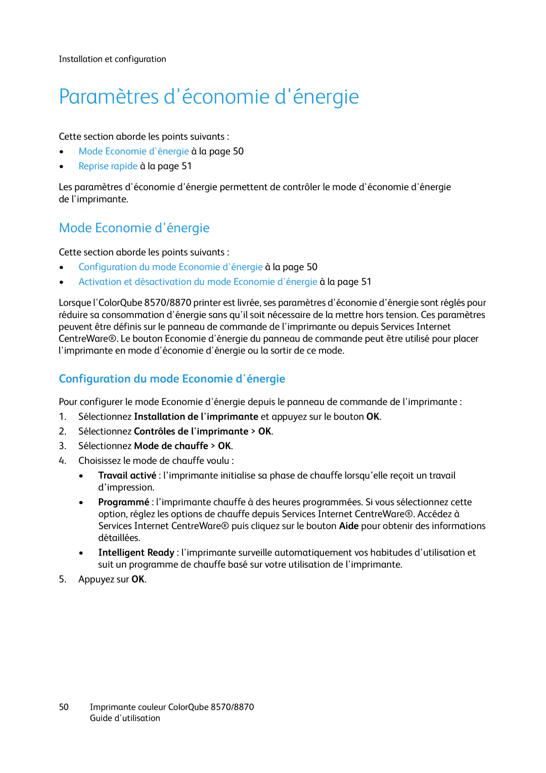 Xerox 8870, 8570 manual Paramètres déconomie dénergie, Mode Economie dénergie, Configuration du mode Economie dénergie 