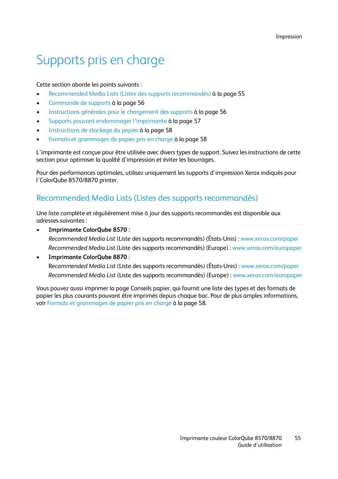 Xerox 8570, 8870 Supports pris en charge, Recommended Media Lists Listes des supports recommandés, Imprimante ColorQube 