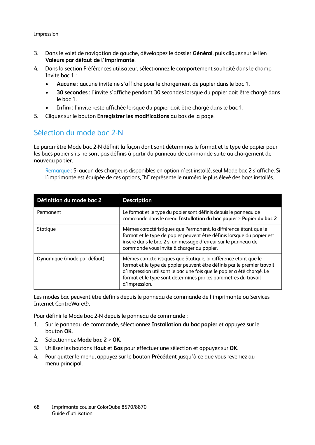 Xerox 8870, 8570 manual Sélection du mode bac 2-N 