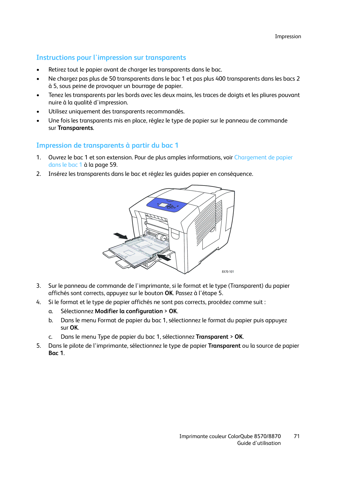 Xerox 8570, 8870 manual Instructions pour limpression sur transparents, Impression de transparents à partir du bac 