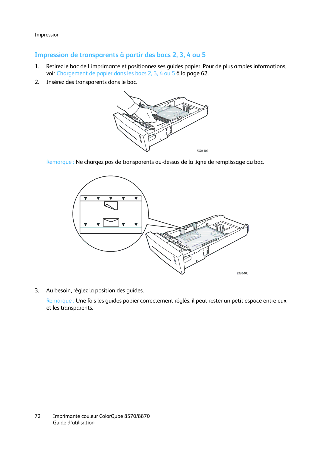 Xerox 8870, 8570 manual Impression de transparents à partir des bacs 2, 3, 4 ou 