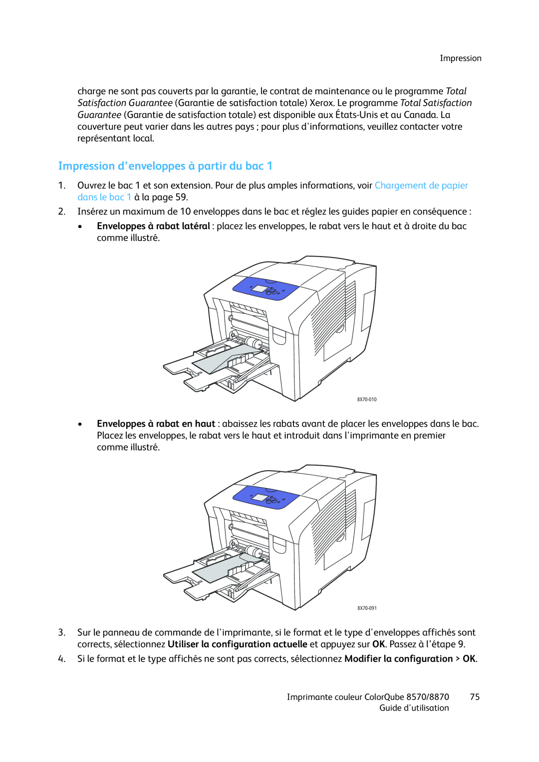 Xerox 8570, 8870 manual Impression d’enveloppes à partir du bac 