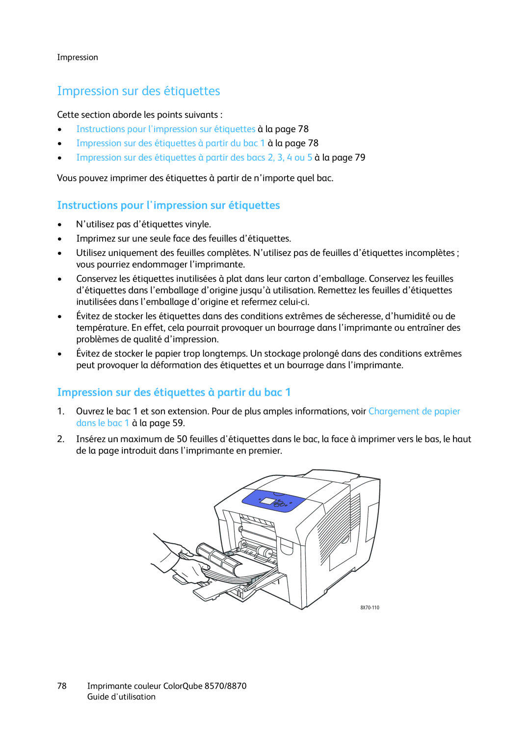 Xerox 8870, 8570 manual Impression sur des étiquettes, Instructions pour limpression sur étiquettes 