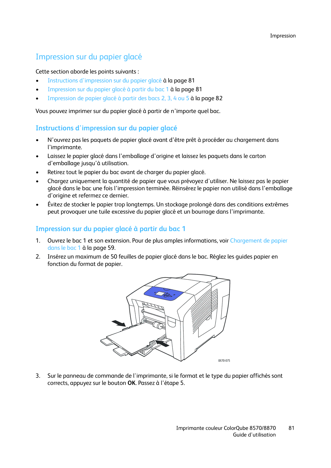 Xerox 8570, 8870 manual Impression sur du papier glacé, Instructions dimpression sur du papier glacé 