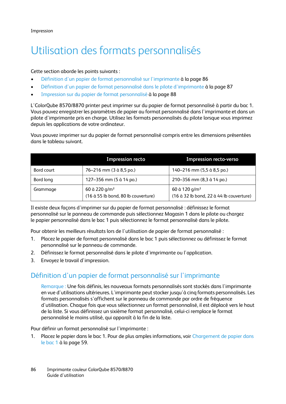 Xerox 8870, 8570 manual Utilisation des formats personnalisés, Impression recto Impression recto-verso 