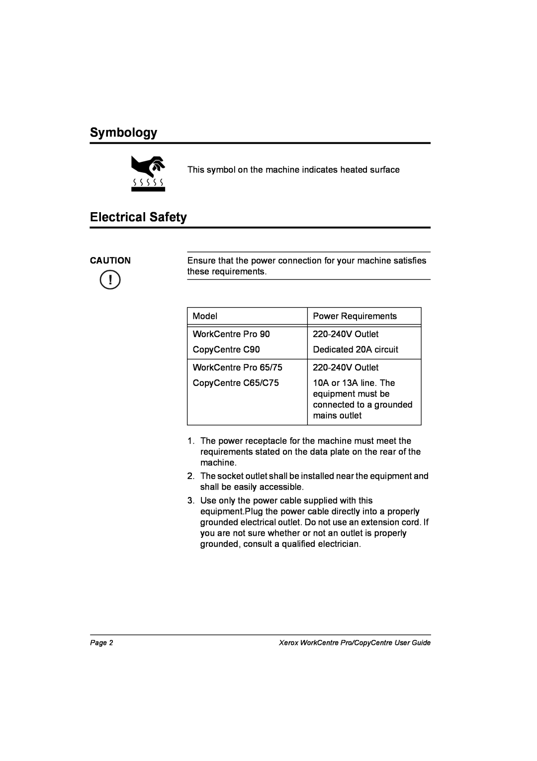 Xerox C65, C90, C75, WorkCentre Pro 75 manual Symbology, Electrical Safety 