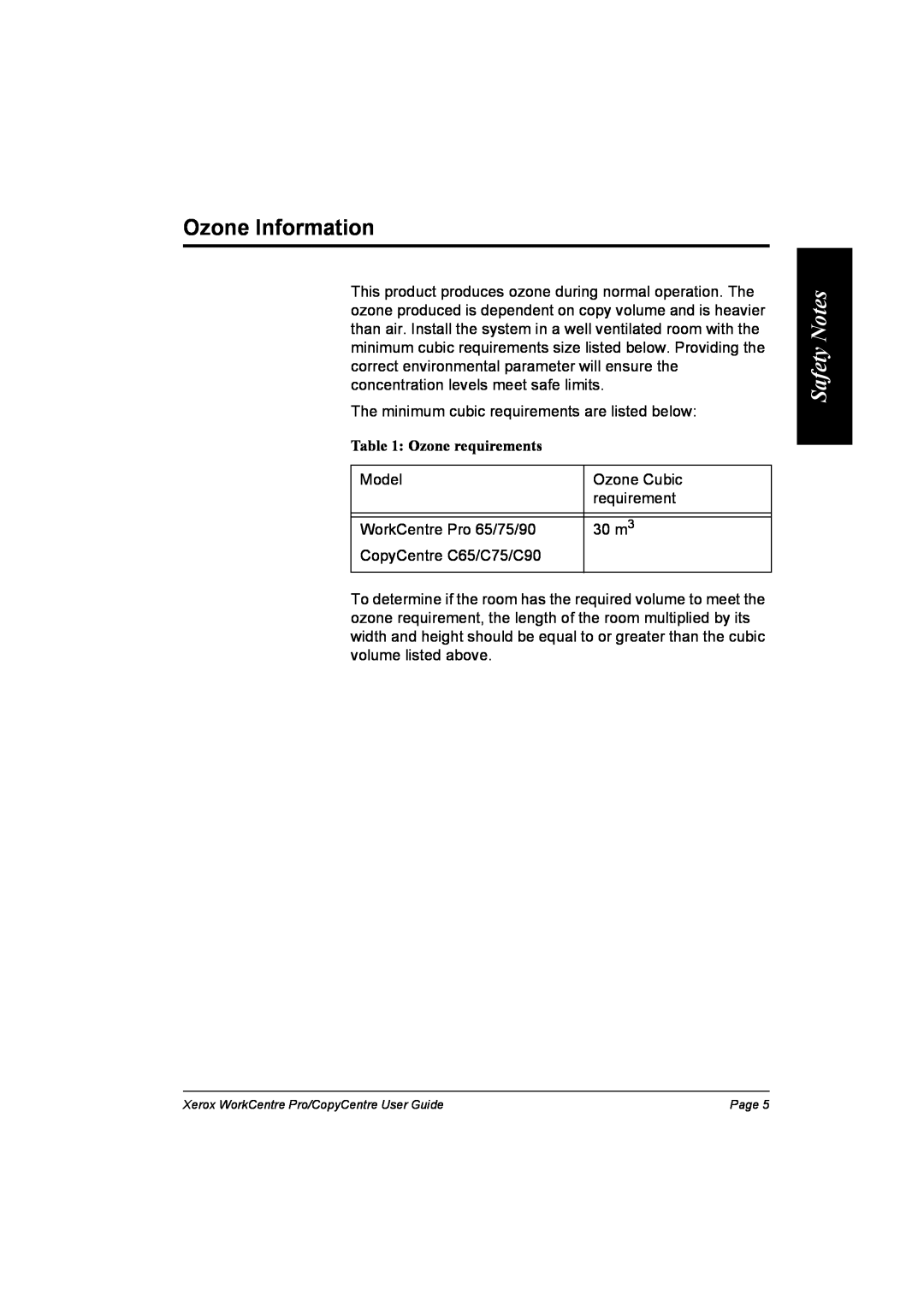 Xerox C90, C75, C65, WorkCentre Pro 75 manual Ozone Information, Safety Notes, Ozone requirements 