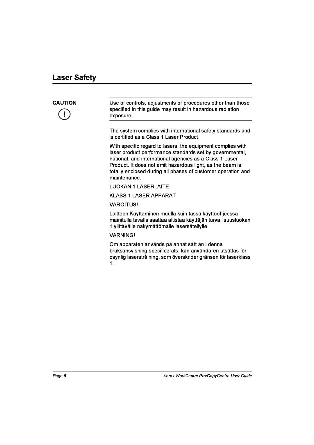 Xerox C90, C75, C65, WorkCentre Pro 75 manual Laser Safety 