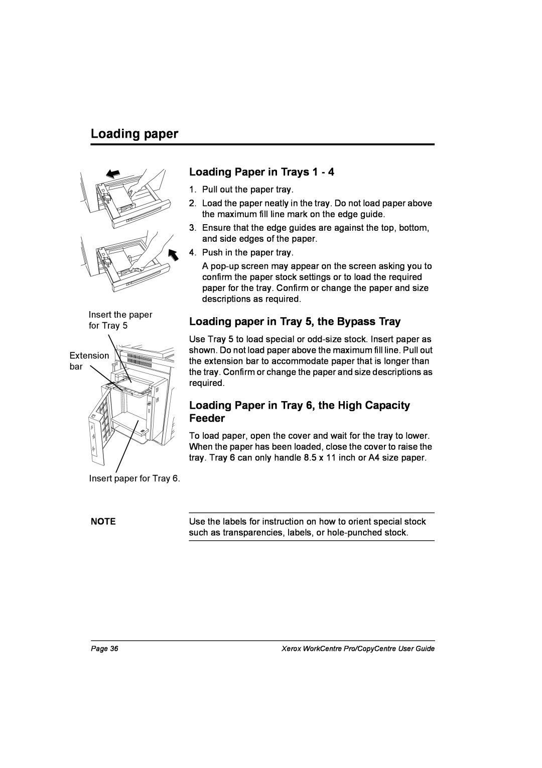 Xerox C90, C75, C65, WorkCentre Pro 75 manual Loading Paper in Trays 1, Loading paper in Tray 5, the Bypass Tray 