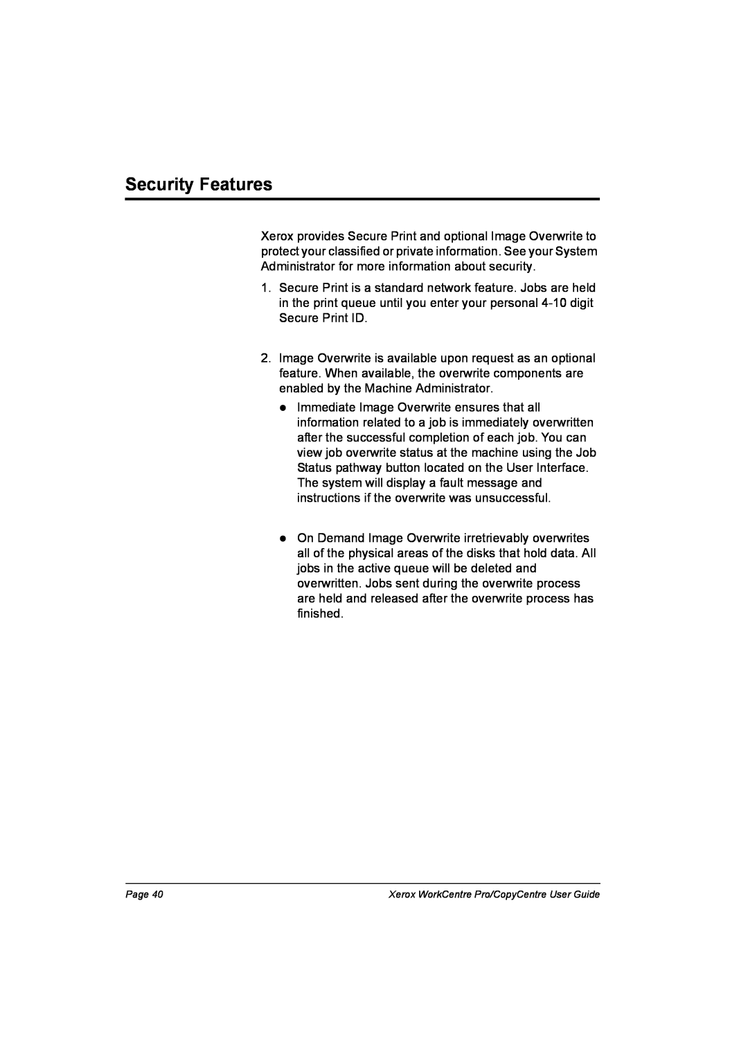 Xerox C90, C75, C65, WorkCentre Pro 75 manual Security Features 