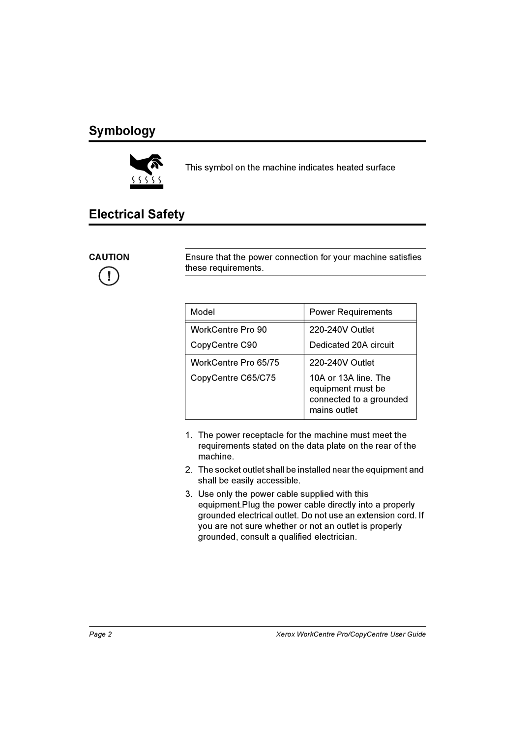 Xerox C65, C90, C75, WorkCentre Pro 75 manual Symbology, Electrical Safety 