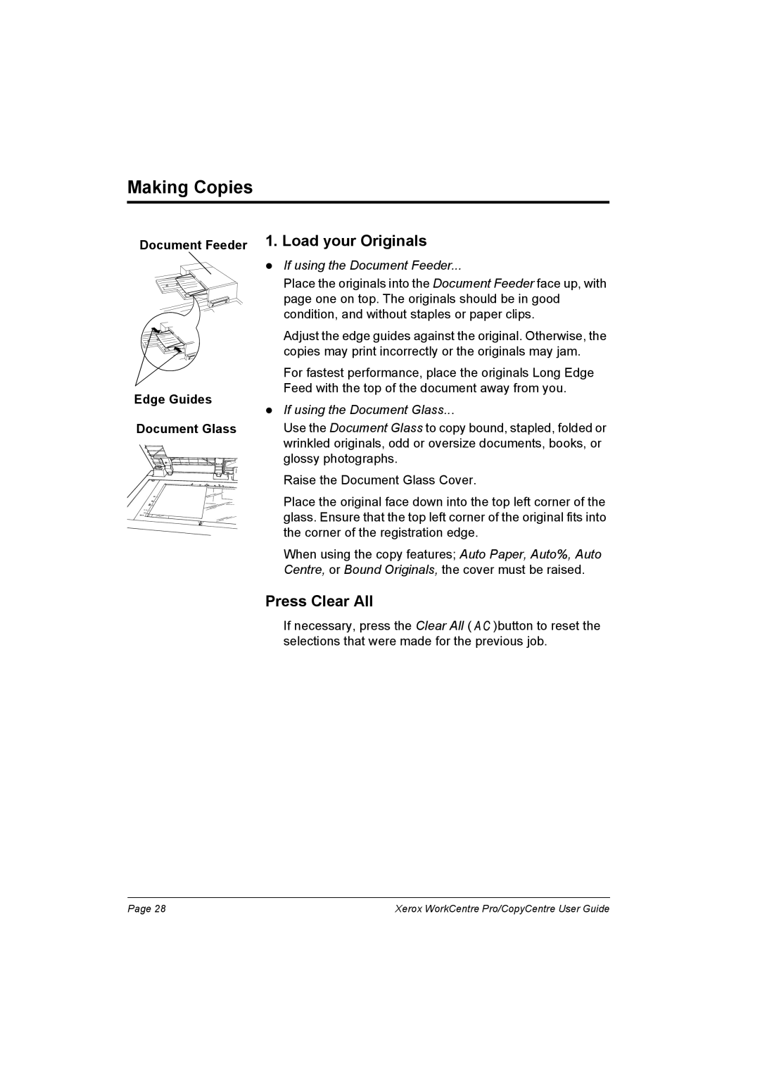 Xerox 90 Making Copies, Load your Originals, Press Clear All, If using the Document Feeder, If using the Document Glass 