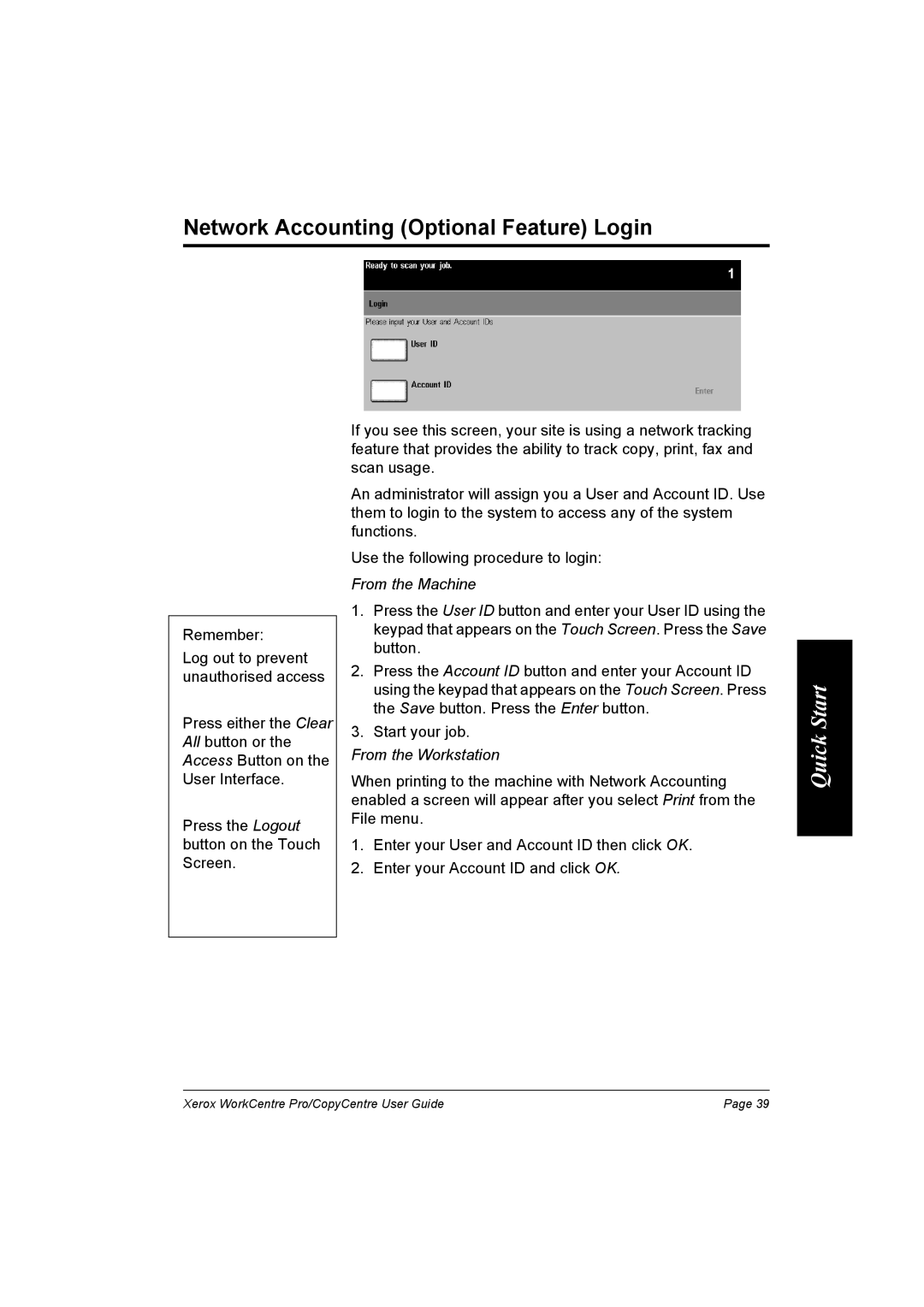 Xerox WorkCentre Pro 75, 65, C90, C75 Network Accounting Optional Feature Login, From the Machine, From the Workstation 