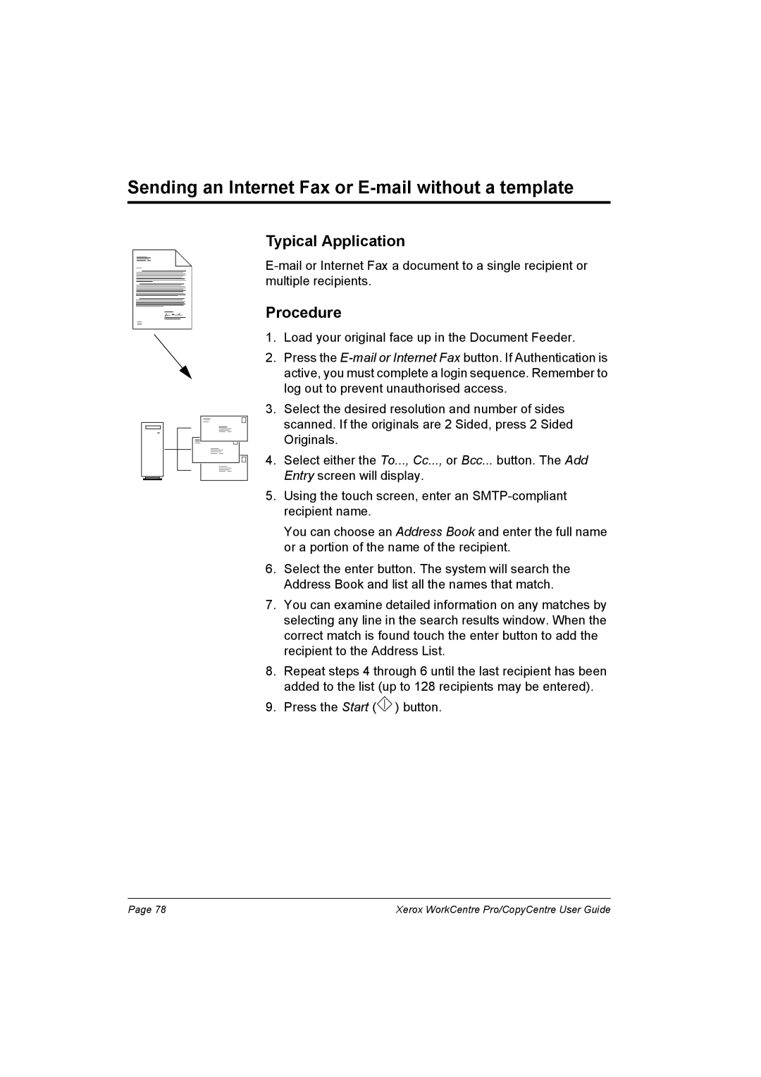 Xerox C90, C75, C65, WorkCentre Pro 75 manual Sending an Internet Fax or E-mail without a template, Typical Application 