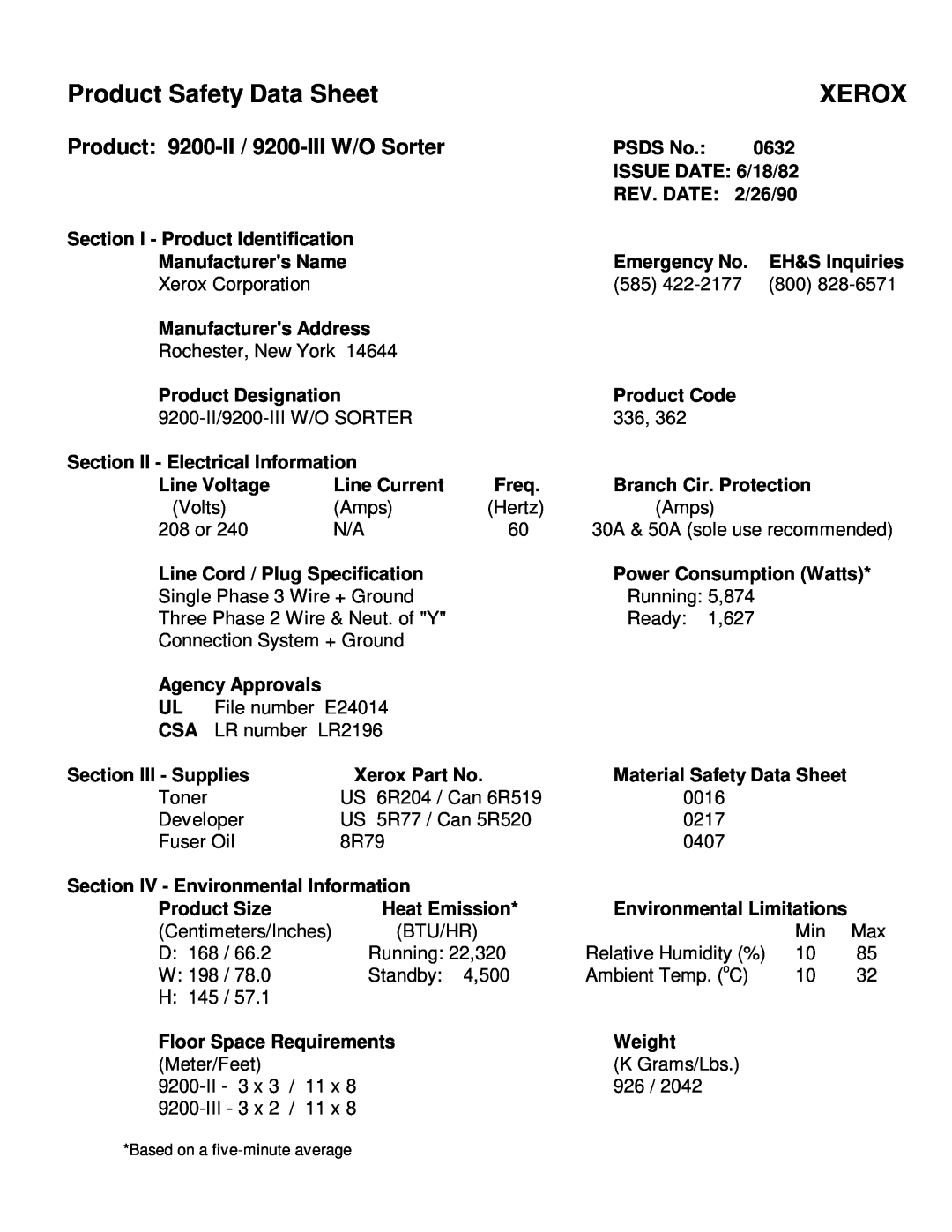 Xerox manual Product Safety Data Sheet, Xerox, Product 9200-II / 9200-III W/O Sorter 