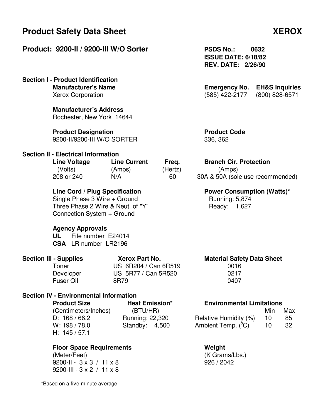 Xerox manual Xerox, Product 9200-II / 9200-III W/O Sorter, Csa 
