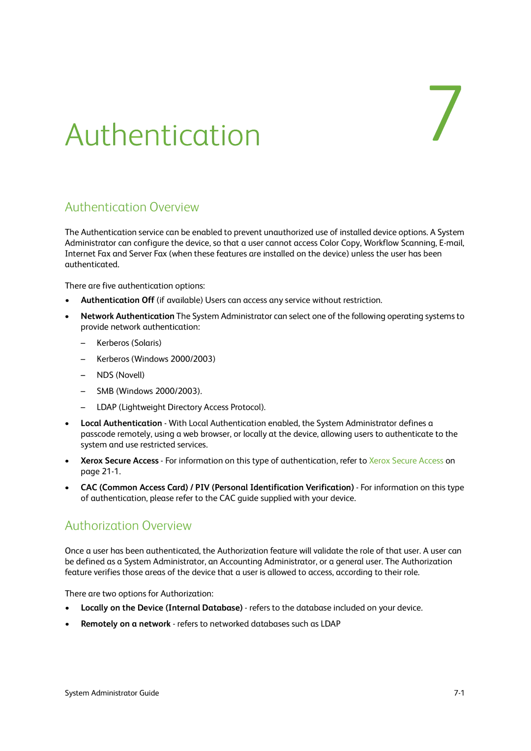 Xerox 9203, 9202, 9201 manual Authentication7, Authentication Overview, Authorization Overview 