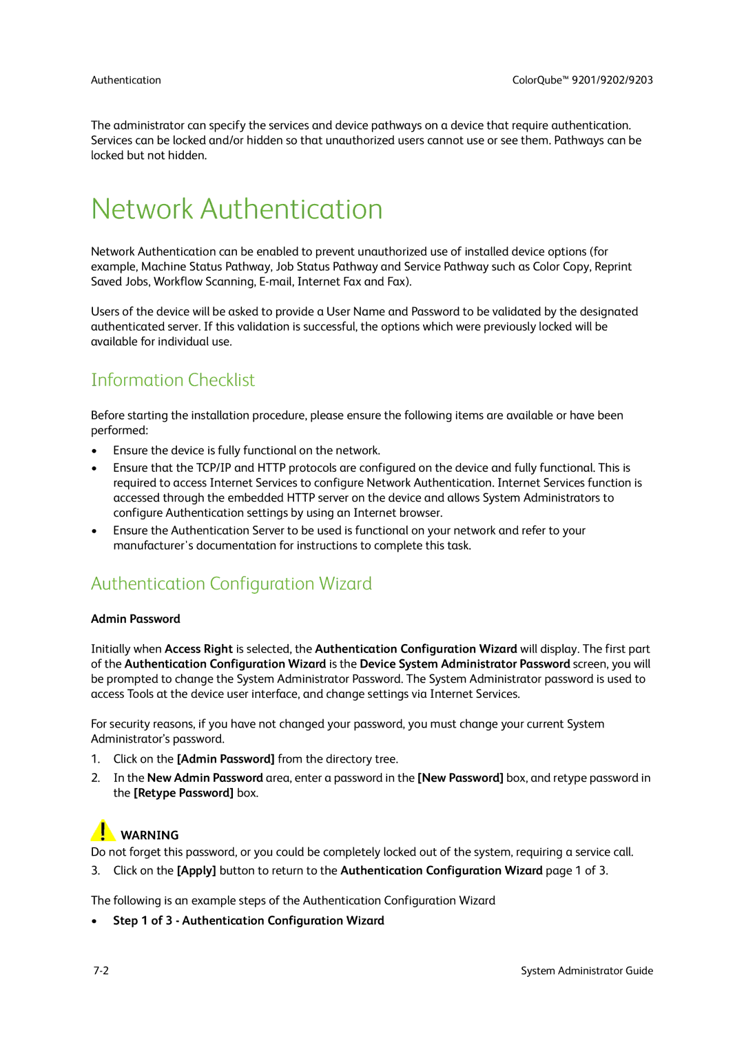 Xerox 9202, 9201, 9203 manual Network Authentication, Authentication Configuration Wizard, Admin Password 