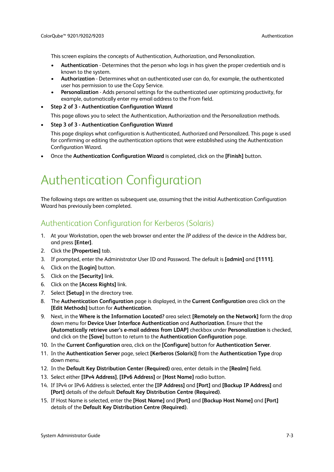 Xerox 9201, 9202, 9203 manual Authentication Configuration for Kerberos Solaris 