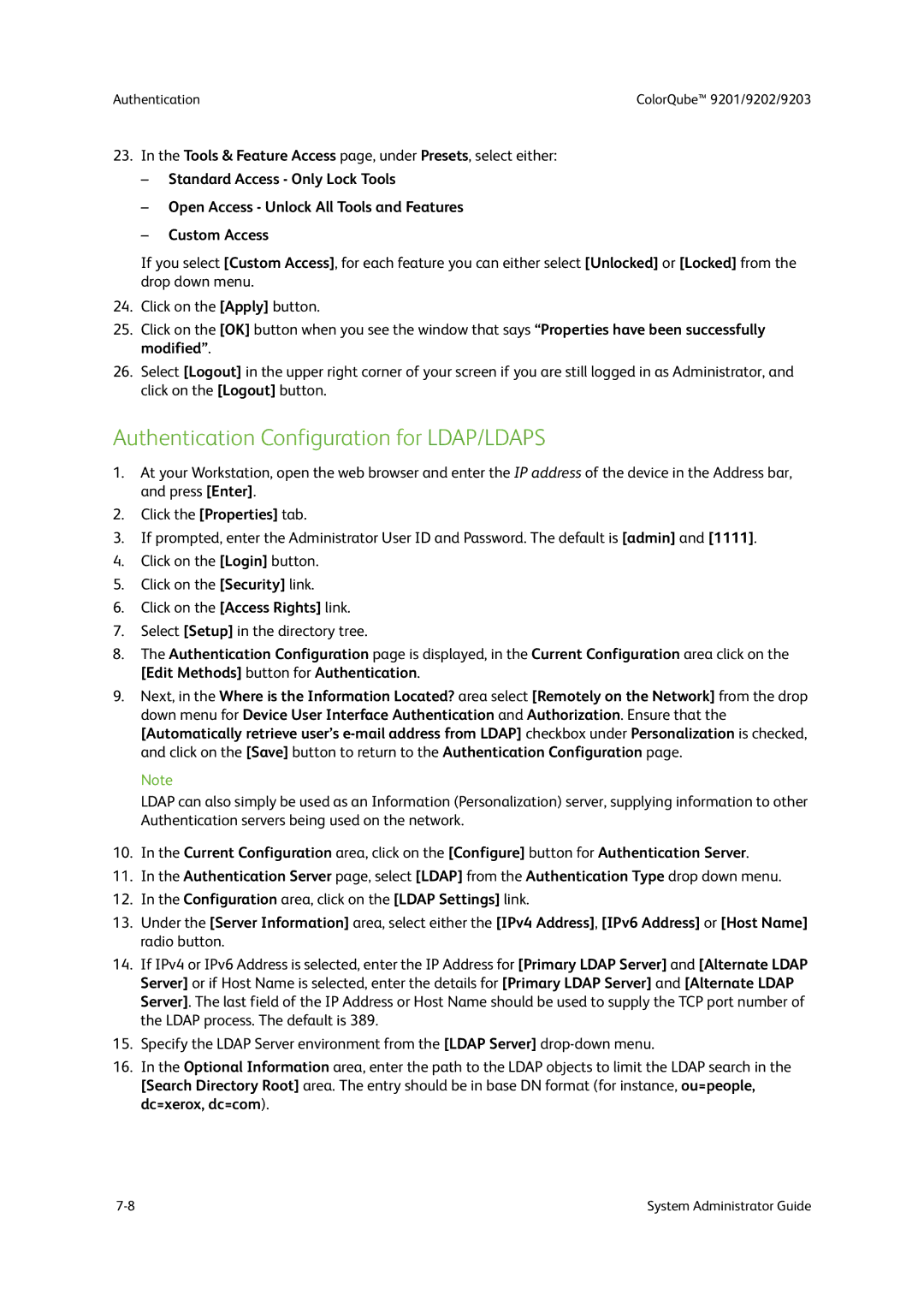 Xerox 9202, 9201, 9203 manual Authentication Configuration for LDAP/LDAPS 