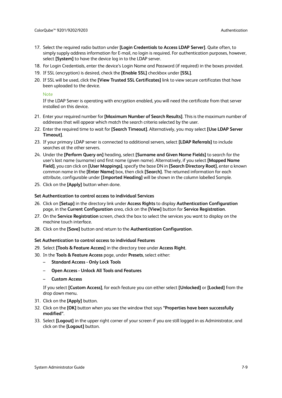 Xerox 9201, 9202, 9203 manual Set Authentication to control access to individual Services 