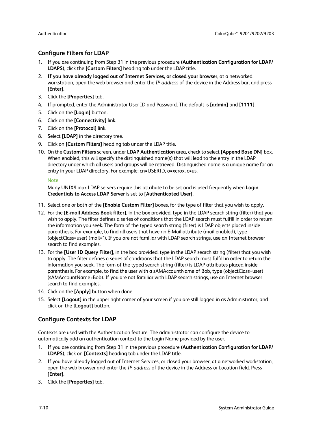 Xerox 9203, 9202, 9201 manual Configure Filters for Ldap, Configure Contexts for Ldap 