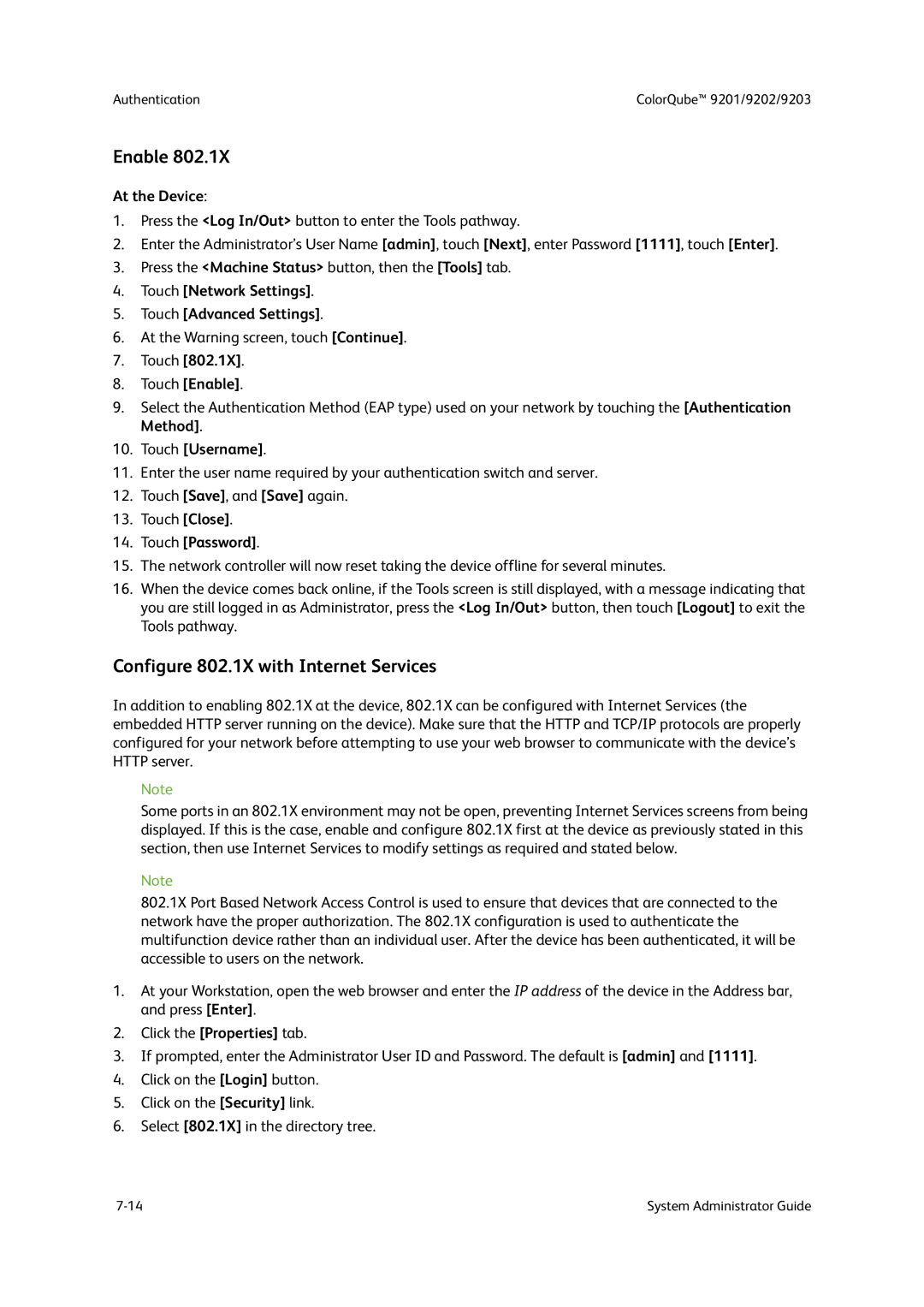 Xerox 9202, 9201, 9203 manual Enable, Configure 802.1X with Internet Services 