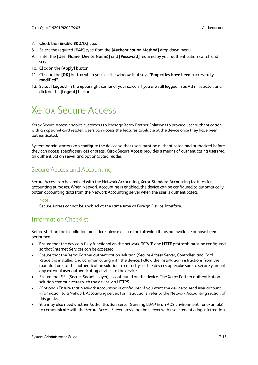 Xerox 9201, 9202, 9203 manual Xerox Secure Access, Secure Access and Accounting, Check the Enable 802.1X box 