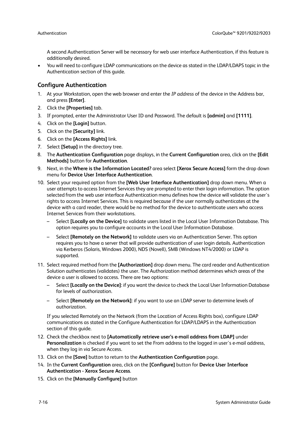 Xerox 9203, 9202, 9201 manual Configure Authentication 