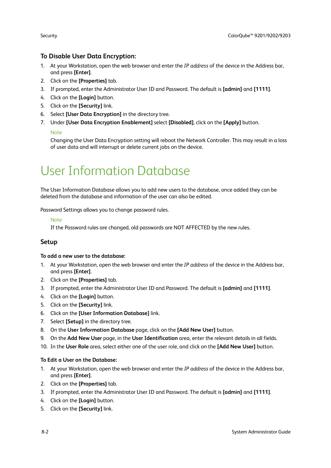 Xerox 9203, 9202, 9201 manual User Information Database, To Disable User Data Encryption, Setup 