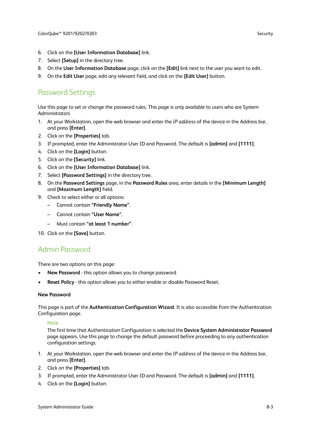 Xerox 9202, 9201, 9203 manual Password Settings, Admin Password, Must contain at least 1 number, New Password 